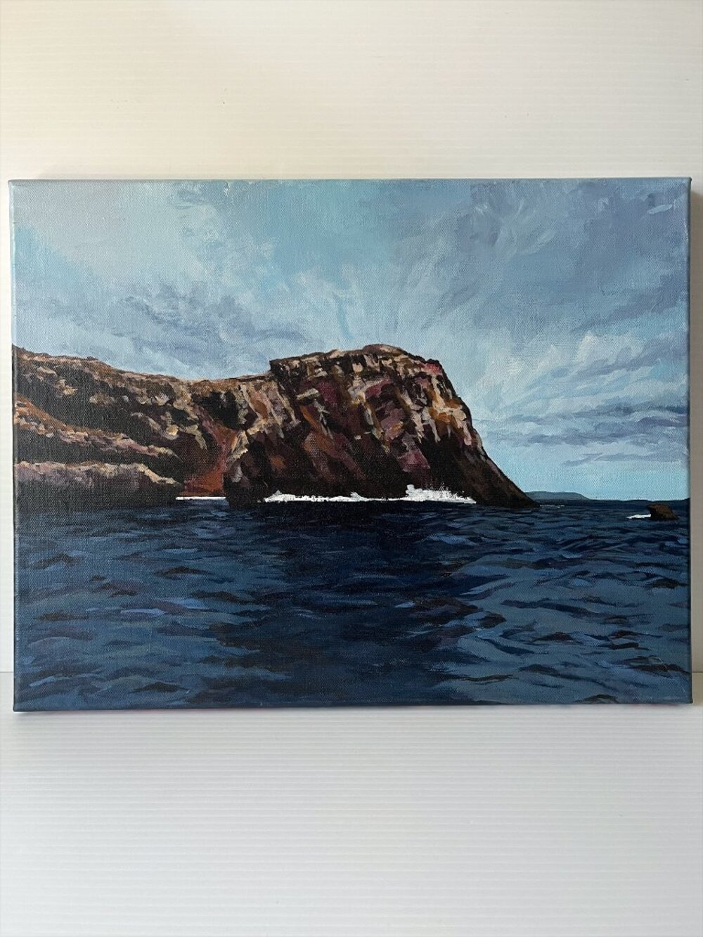 Original Coastal Seascape Painting Ocean & Cliff Scene Signed 18 x 14"